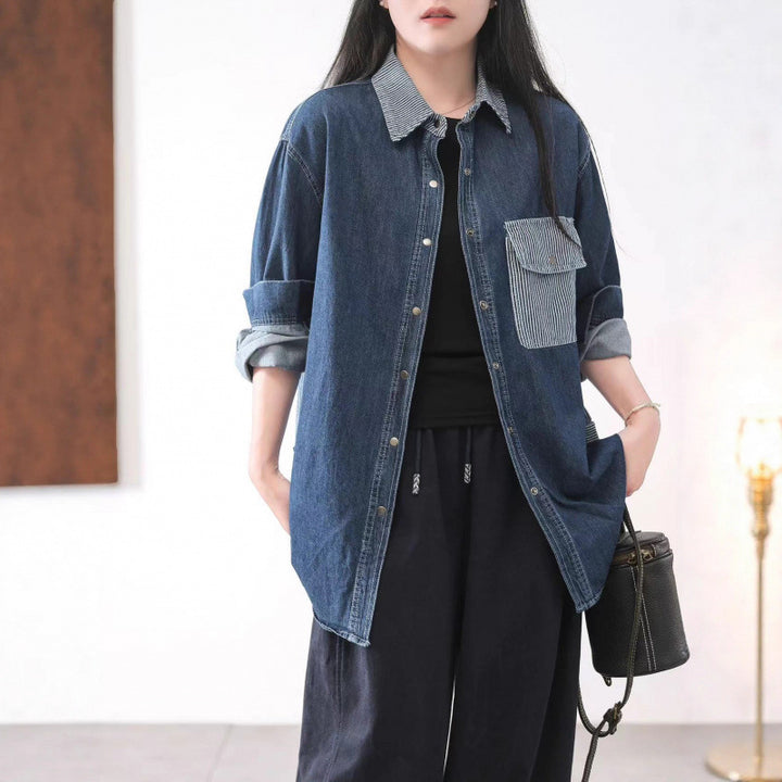 Women's Retro Striped Contrast Denim Shirt