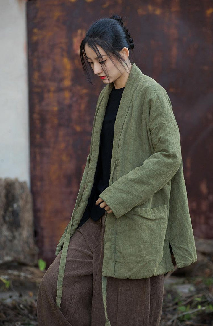 Retro Ramie Padded Lace-Up Winter Coat for Women-Women's Shirt-Thebesttailor-Thebesttailor