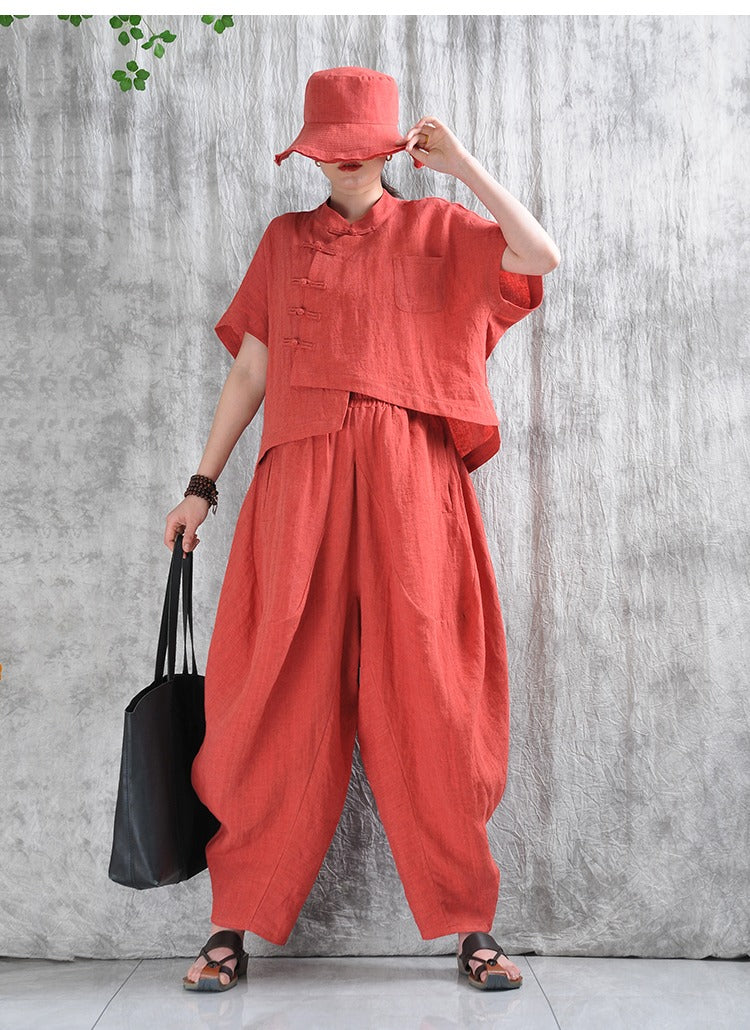 Summer Linen Chinese Button-Down Shirt Top Harem Pants Set by Thebesttailor