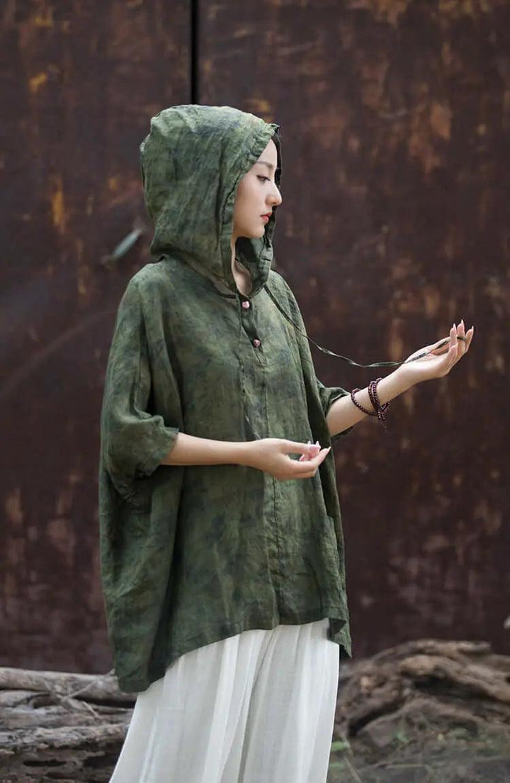Hooded Vintage Green Linen and Ramie Sun Shirt for Women-Women's Shirt-Thebesttailor-Thebesttailor
