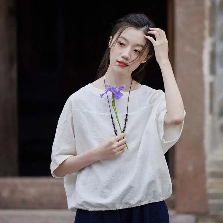 Loose White Cotton and Linen Short Sleeve T-shirt for Women-Women's Shirt-Thebesttailor-One size-White-Thebesttailor