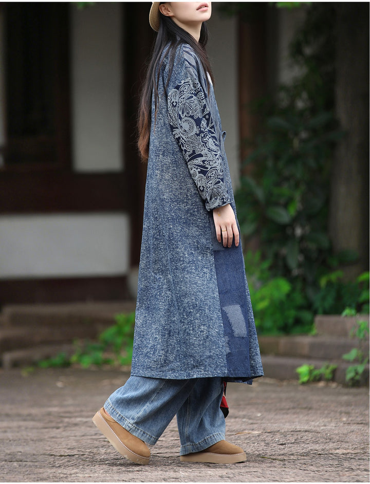 Autumn Indigo Dye Denim Cardigan With Printed Oversized by Thebesttailor