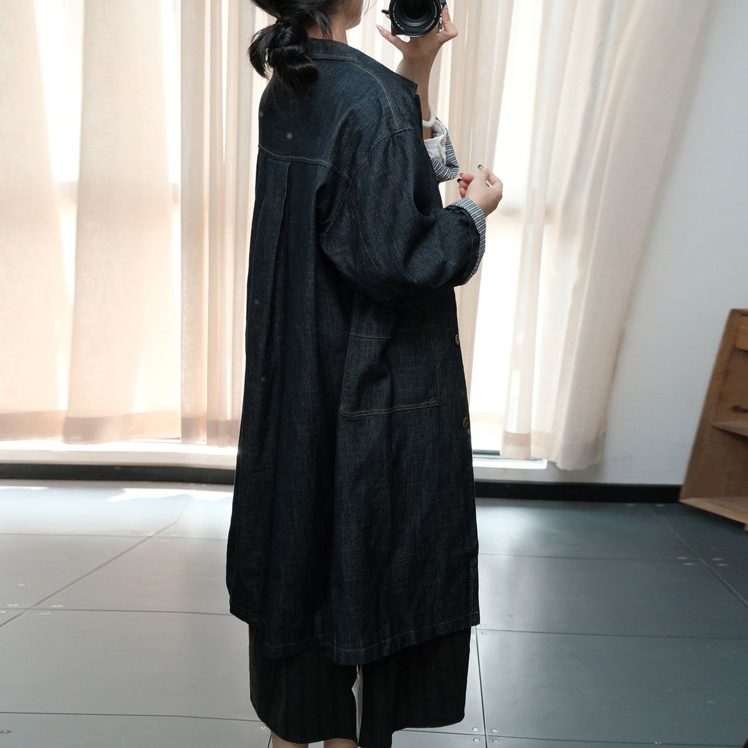 Autumn Blue Denim Midi Trench Coat For Women Long Sleeve by Thebesttailor