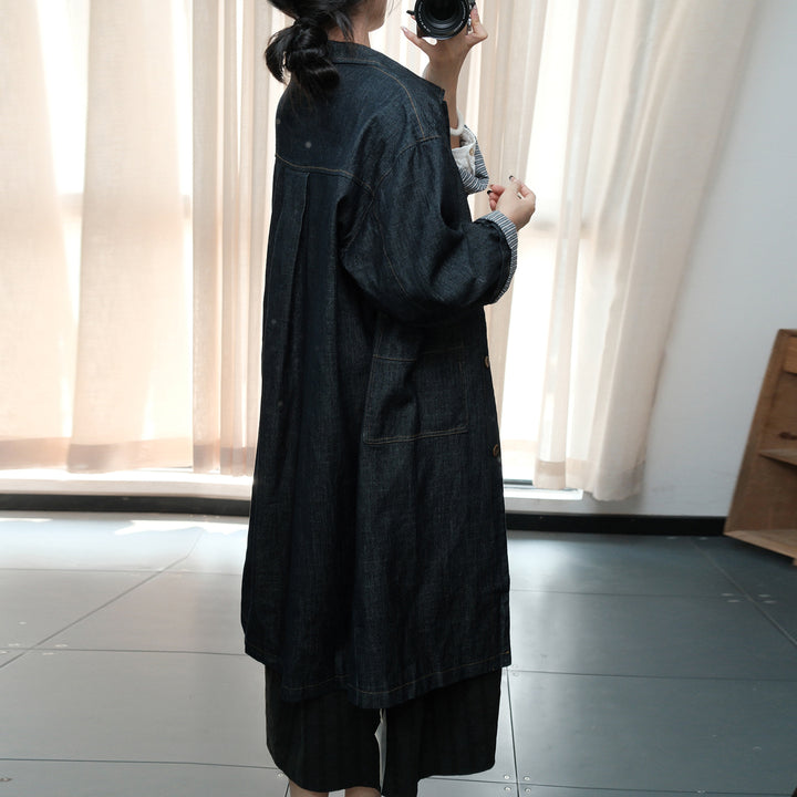 Autumn Blue Denim Midi Trench Coat For Women Long Sleeve by Thebesttailor