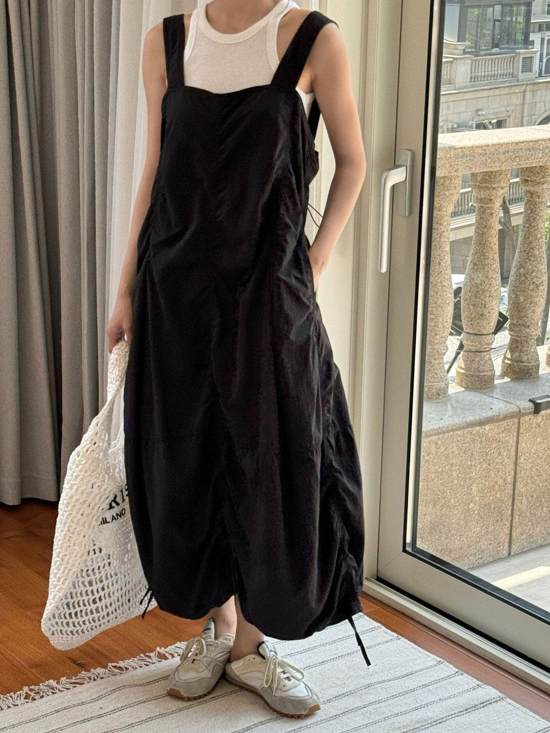Summer casual drawstring pleated overalls dress workwear dress Thebesttailor