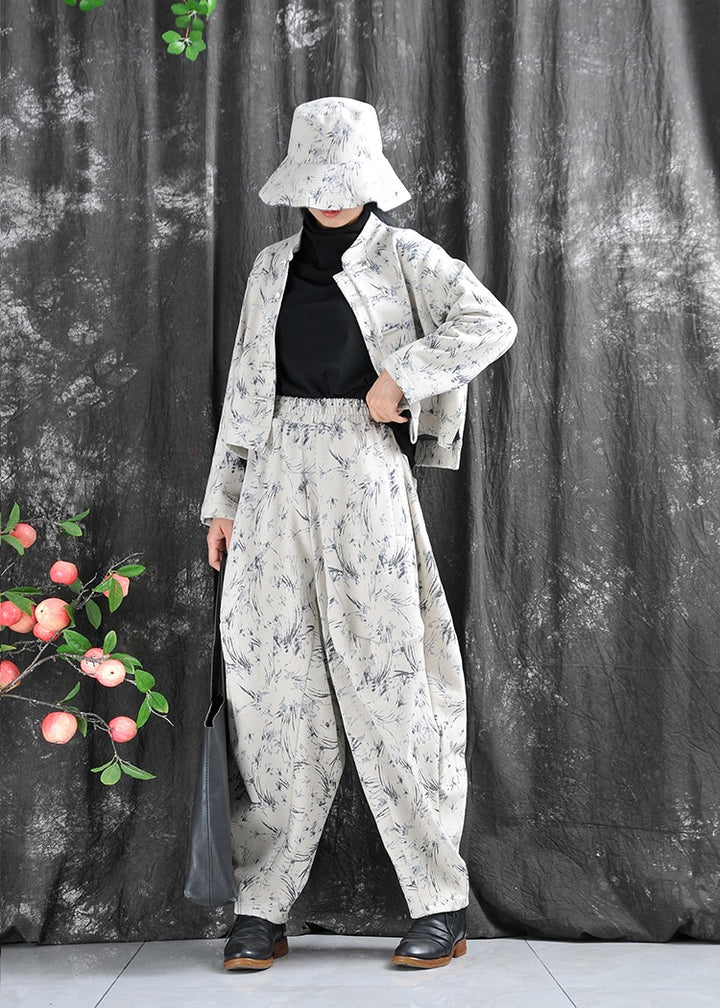 Autumn Cotton Blend Floral Top And Harem Pants Set