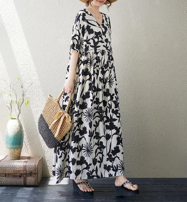 Retro Maxi Dress for Women Vibe Cotton Maxi Dress in Artistic Print-Women's dress-Thebesttailor-One Size-Black-Cotton-Thebesttailor