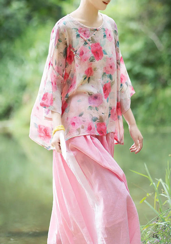summer tops 3 4 sleeve tops for women linen top-Women's Shirt-Thebesttailor-Thebesttailor
