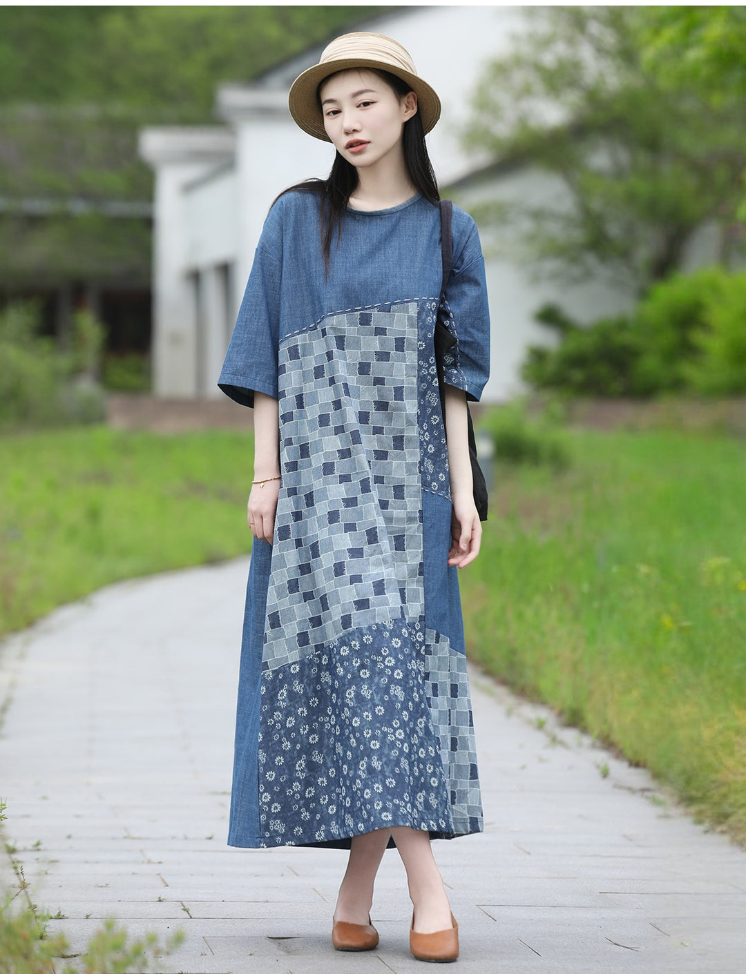 Blue Patchwork Cotton Midi Dress for Women Round Neck