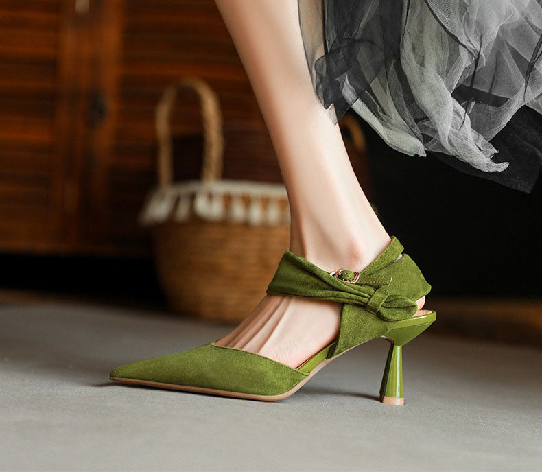 Women's Straight Buckle Cowhide High-Heeled Sandals Green