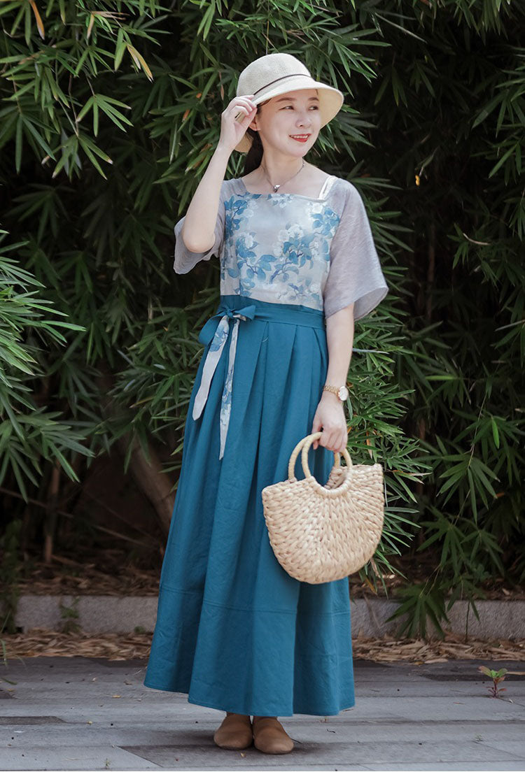 Chinese Linen Patchwork Floral Lace Up High Waist Maxi Dress