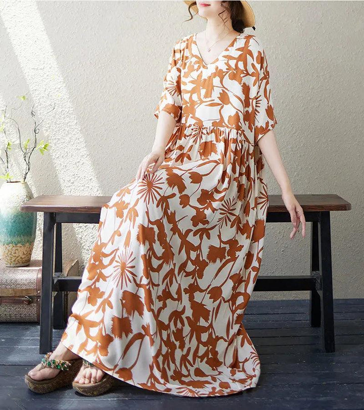 Retro Maxi Dress for Women Vibe Cotton Maxi Dress in Artistic Print-Women's dress-Thebesttailor-One Size-Orange-Cotton-Thebesttailor
