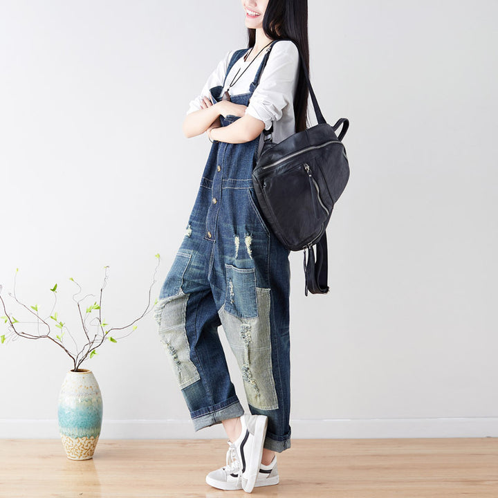 Casual Retro Ripped Overalls For Women In Blue