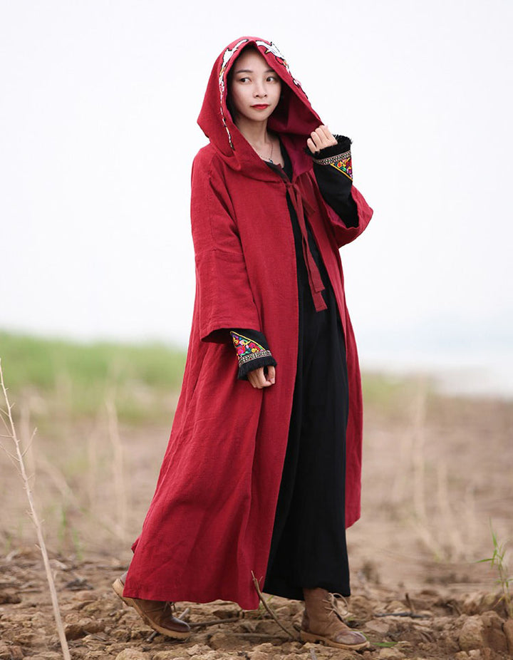 Winter Cotton And Linen Embroidered Chinese hooded cape coat