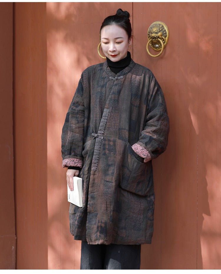 Loose Fit Winter Cardigan Quilted Linen Coat Brown Autumn