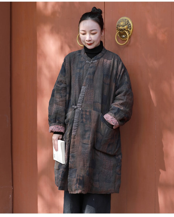 Loose Fit Winter Cardigan Quilted Linen Coat Brown Autumn