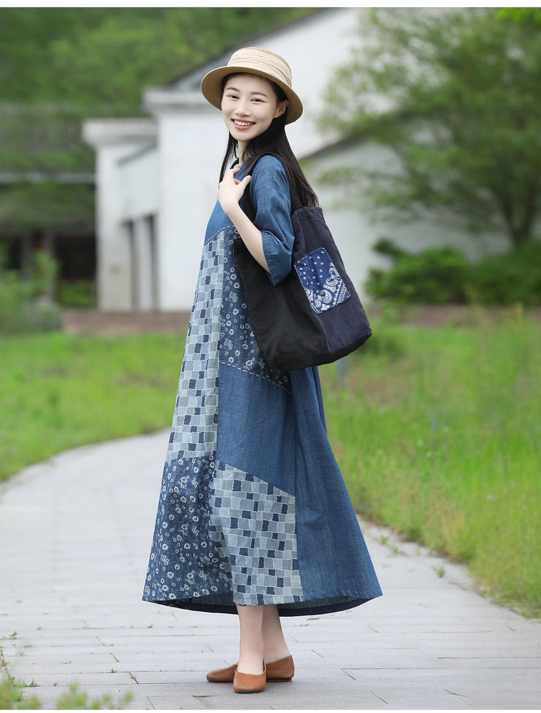 Blue Patchwork Cotton Midi Dress for Women Round Neck