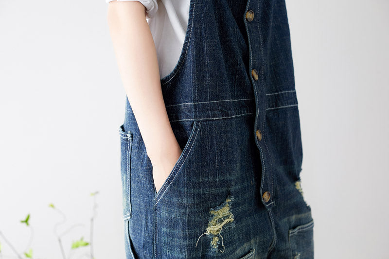 Casual Retro Ripped Overalls For Women In Blue
