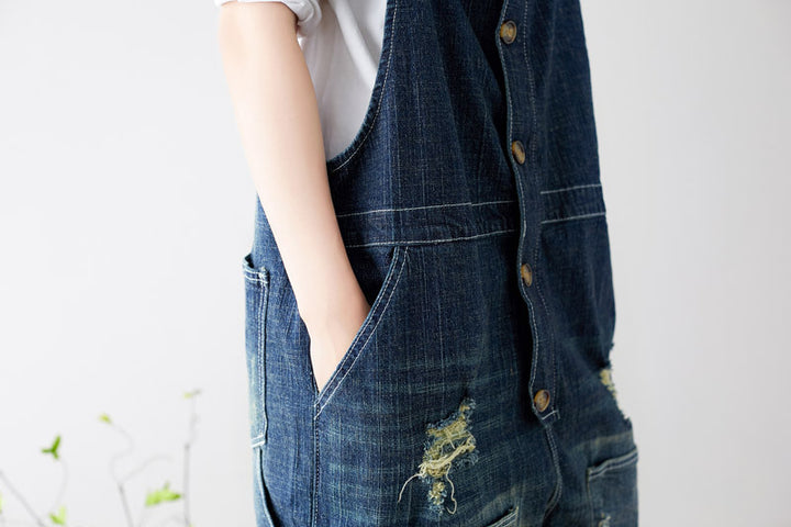 Casual Retro Ripped Overalls For Women In Blue