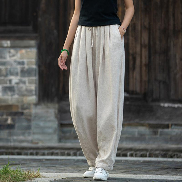 Sand-Washed Linen Tapered Carrot Pants with Drawstring-Women's pants-Thebesttailor-One size-Beige-Linen-Thebesttailor