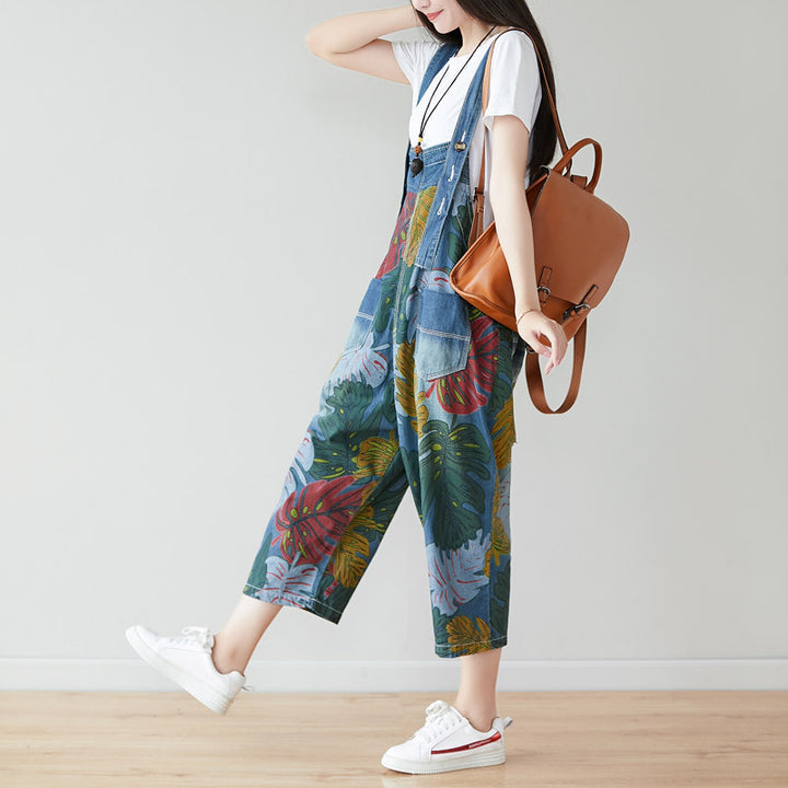 Summer Casual Print Cropped Overalls