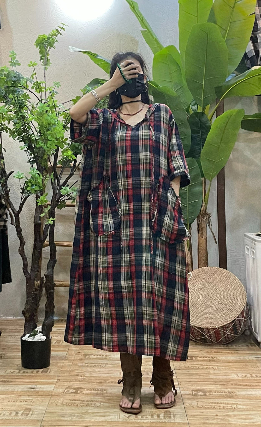 natural cotton linen plaid hoodie dress for summer by Thebesttailor