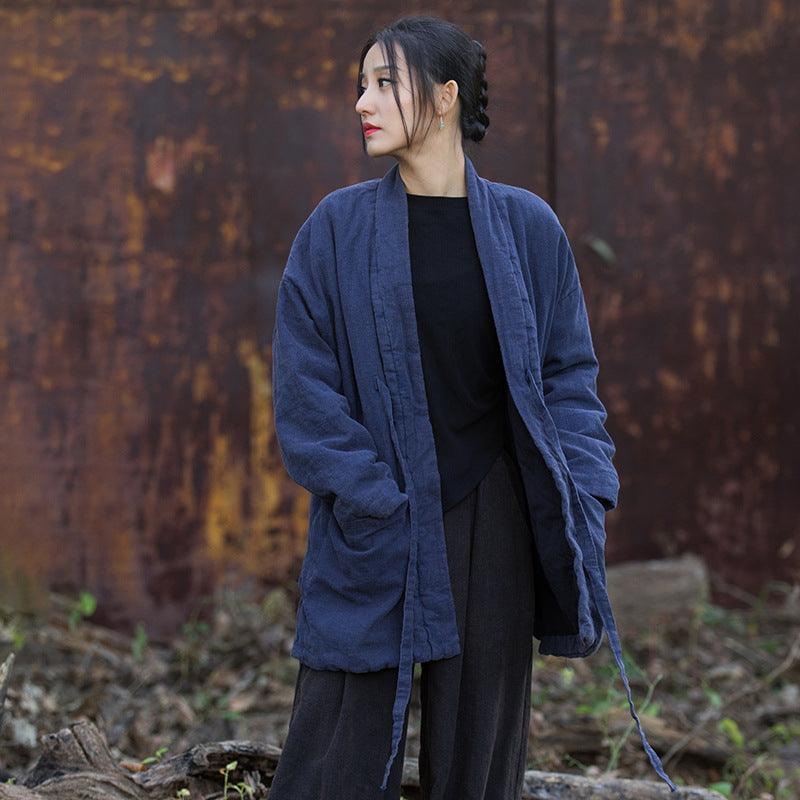 Retro Ramie Padded Lace-Up Winter Coat for Women-Women's Shirt-Thebesttailor-One size-Navy-Ramie-Thebesttailor