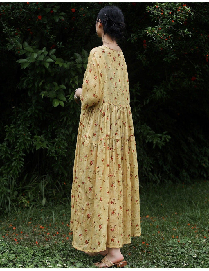 Long floral ramie bustier dress woman Boho Dresses for Women Summer in a beautiful garden setting. Perfect for summer outings.