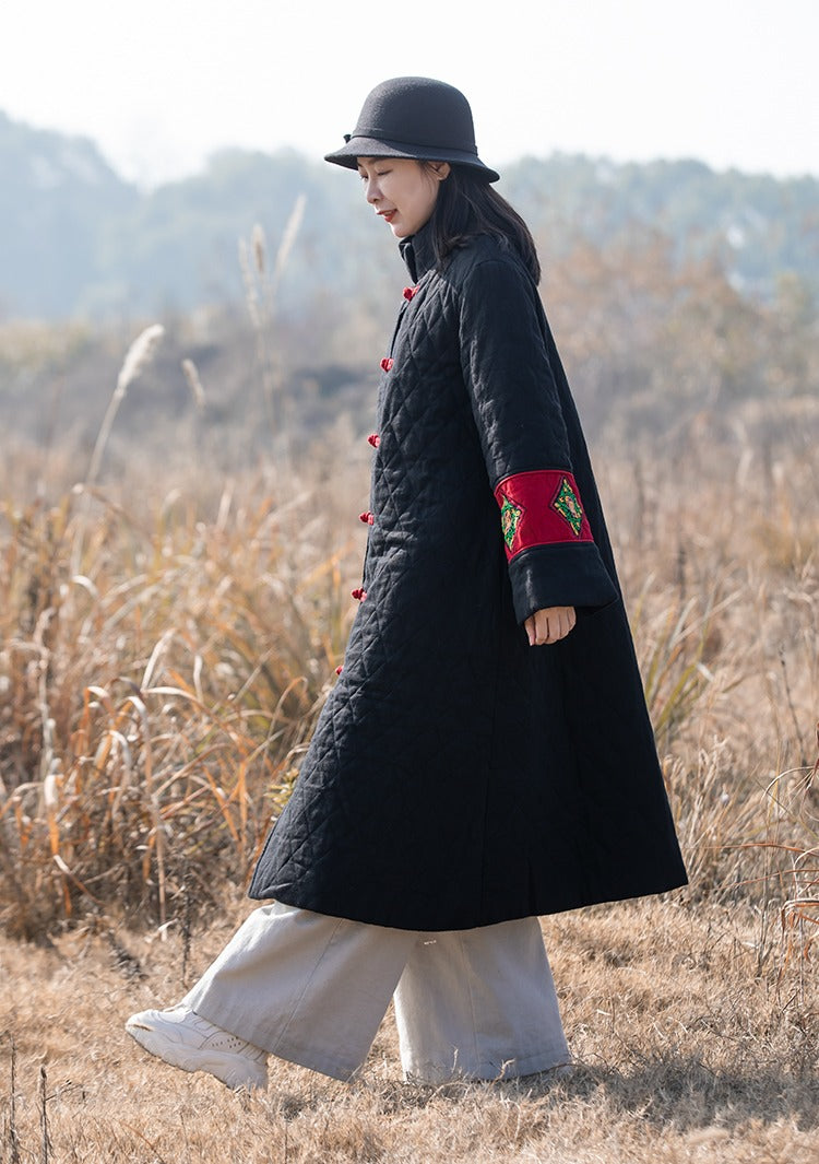 Vintage Chinese Quilted Linen Winter Coat Red Black