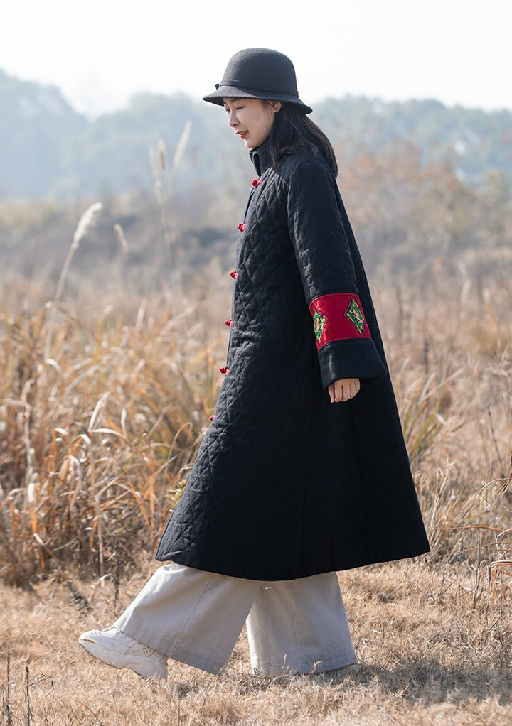 Vintage Chinese Quilted Linen Winter Coat Red Black