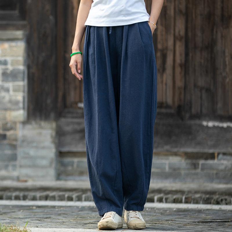 Sand-Washed Linen Tapered Carrot Pants with Drawstring-Women's pants-Thebesttailor-One size-Navy-Linen-Thebesttailor