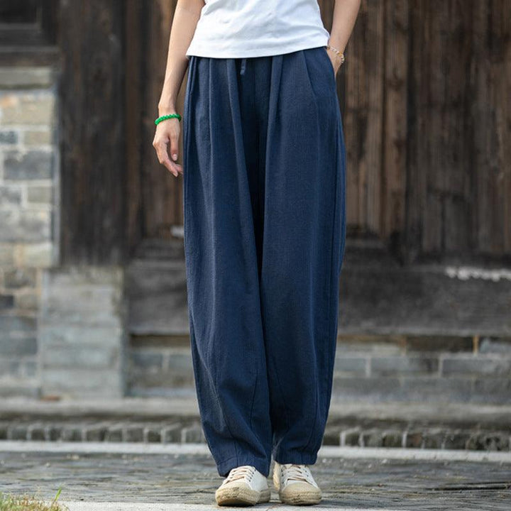 Sand-Washed Linen Tapered Carrot Pants with Drawstring-Women's pants-Thebesttailor-One size-Navy-Linen-Thebesttailor