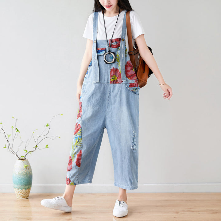 Summer Casual Blue Patchwork Overalls for Women