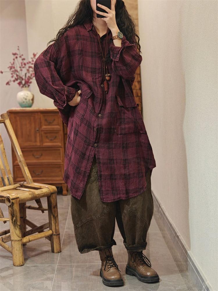 Stylish womens cotton plaid long sleeve shirt in red plaid, perfect for casual wear and warmth. One size fits all.