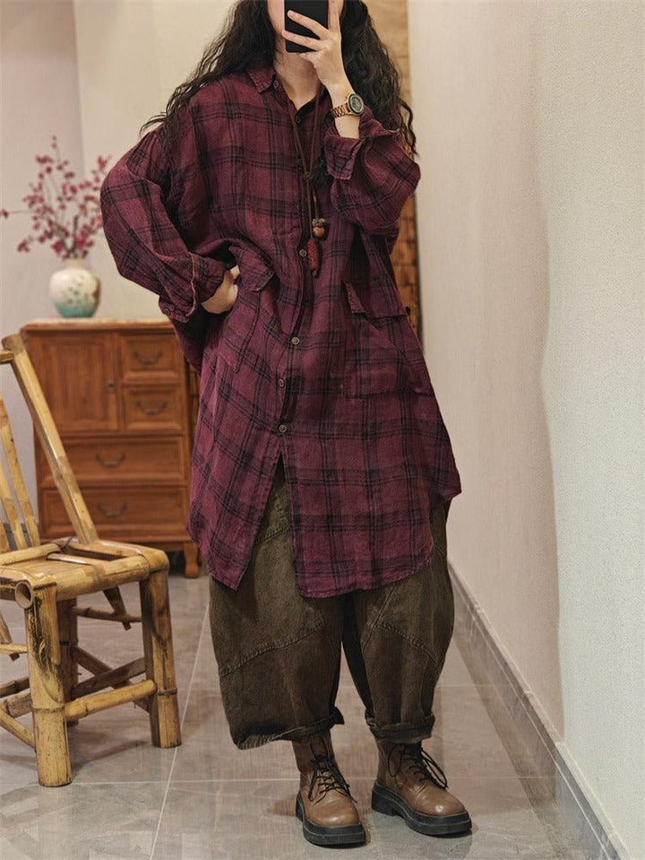 Stylish womens cotton plaid long sleeve shirt in red plaid, perfect for casual wear and warmth. One size fits all.