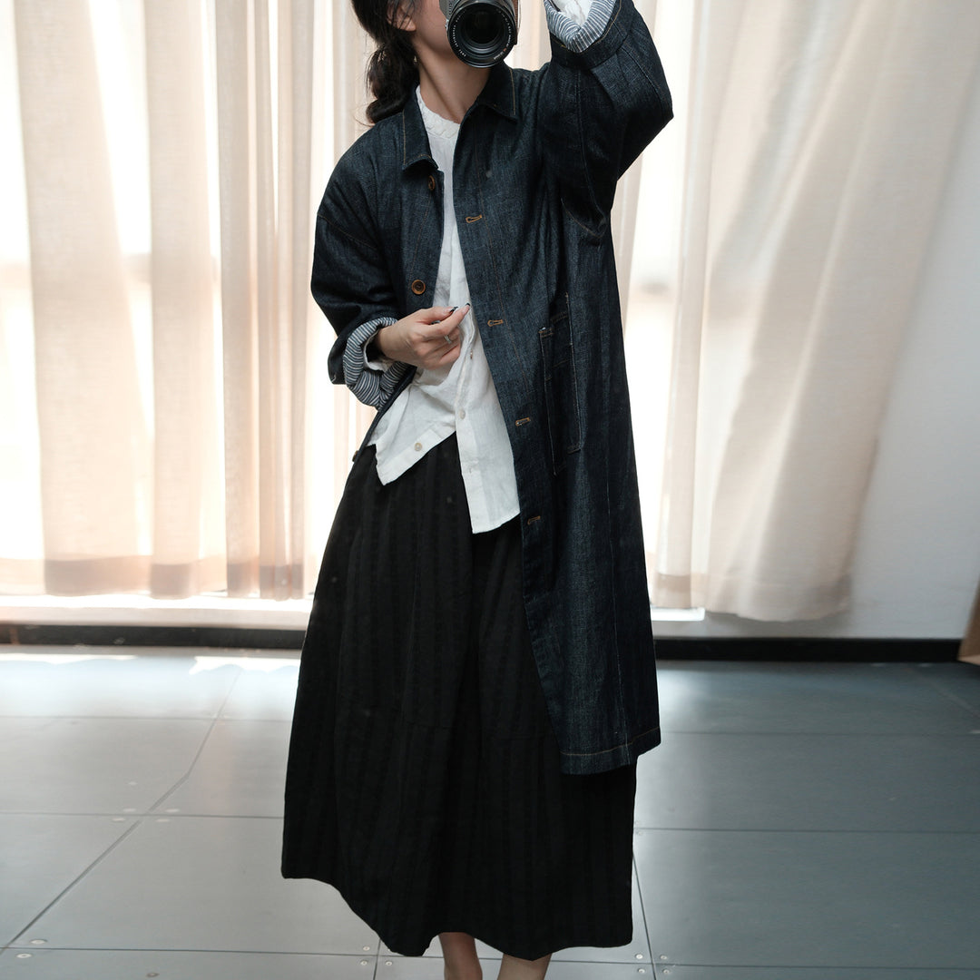 Autumn Blue Denim Midi Trench Coat For Women Long Sleeve by Thebesttailor