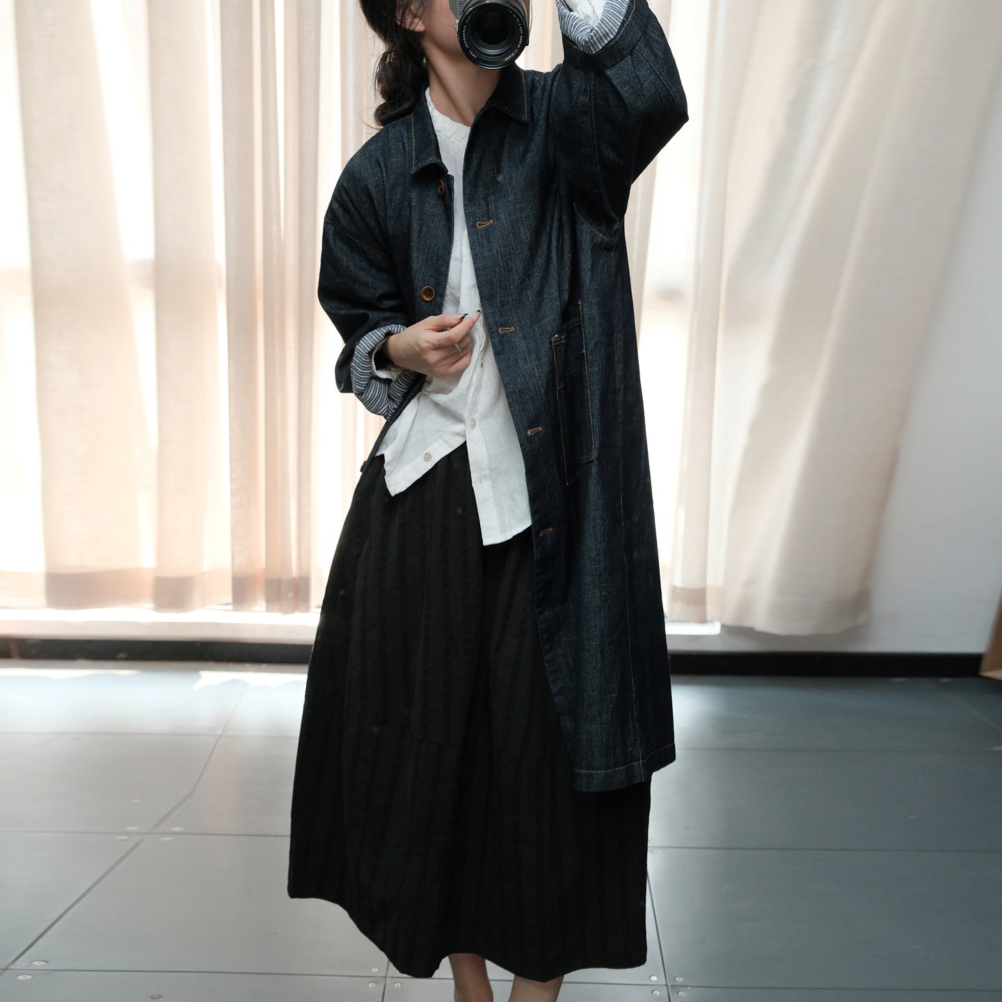 Autumn Blue Denim Midi Trench Coat For Women Long Sleeve by Thebesttailor