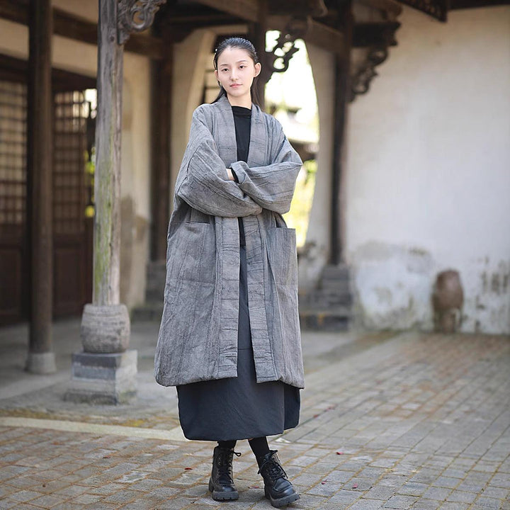Ladies’ Retro Tie-Dye Quilted Ramie Coat with Long Sleeves-Women's coat-Thebesttailor-One size-Gray-Ramie-Thebesttailor
