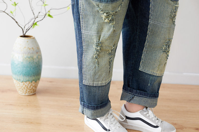 Casual Retro Ripped Overalls For Women In Blue