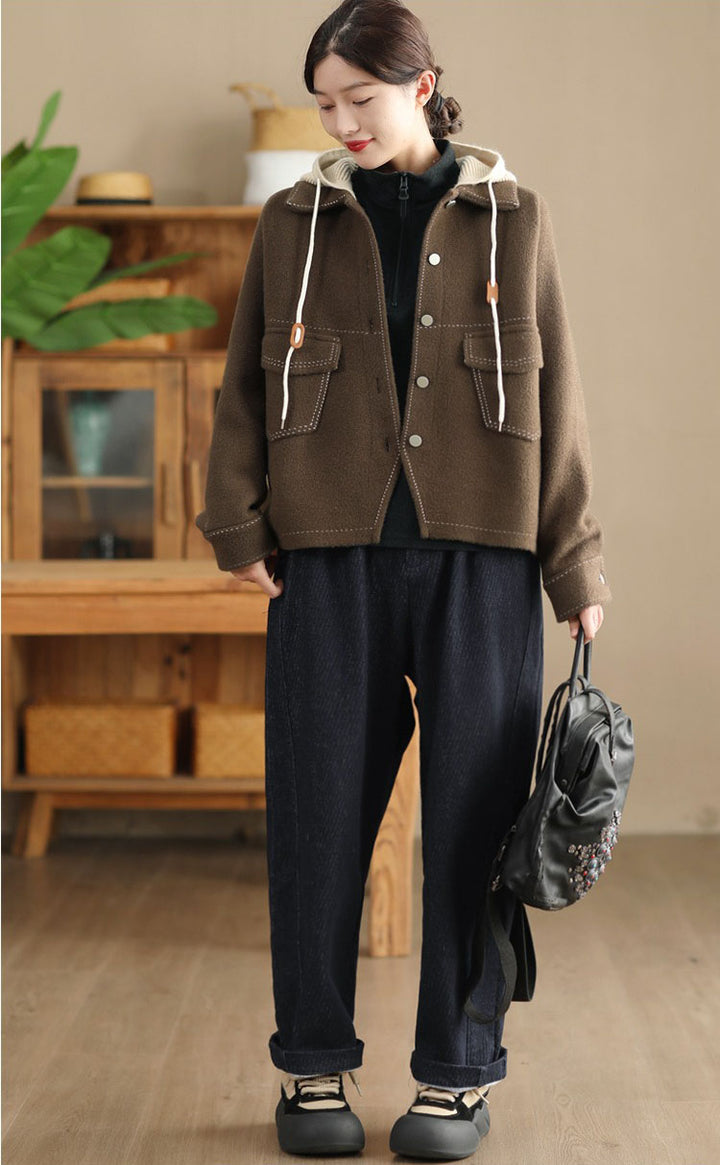 Casual short winter wool jacket with hood