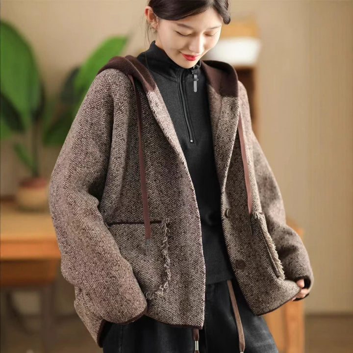 winter wool herringbone pattern jacket with hood womens