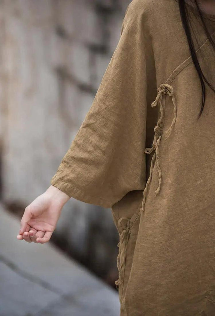 Elegant Vintage Dark Brown Linen Shirt for Women-Women's Shirt-Thebesttailor-Thebesttailor