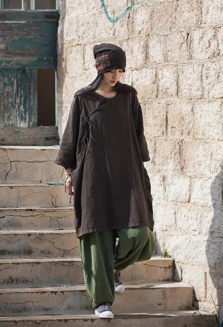 Elegant Vintage Dark Brown Linen Shirt for Women-Women's Shirt-Thebesttailor-Thebesttailor