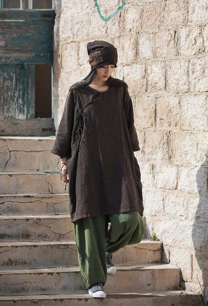 Elegant Vintage Dark Brown Linen Shirt for Women-Women's Shirt-Thebesttailor-Thebesttailor