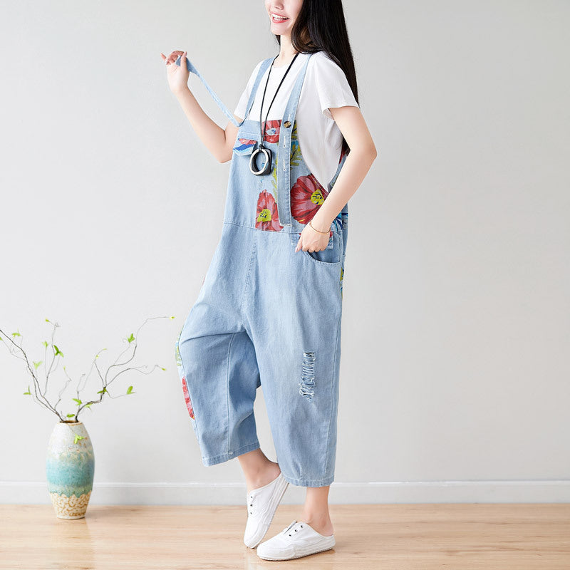 Summer Casual Blue Patchwork Overalls for Women