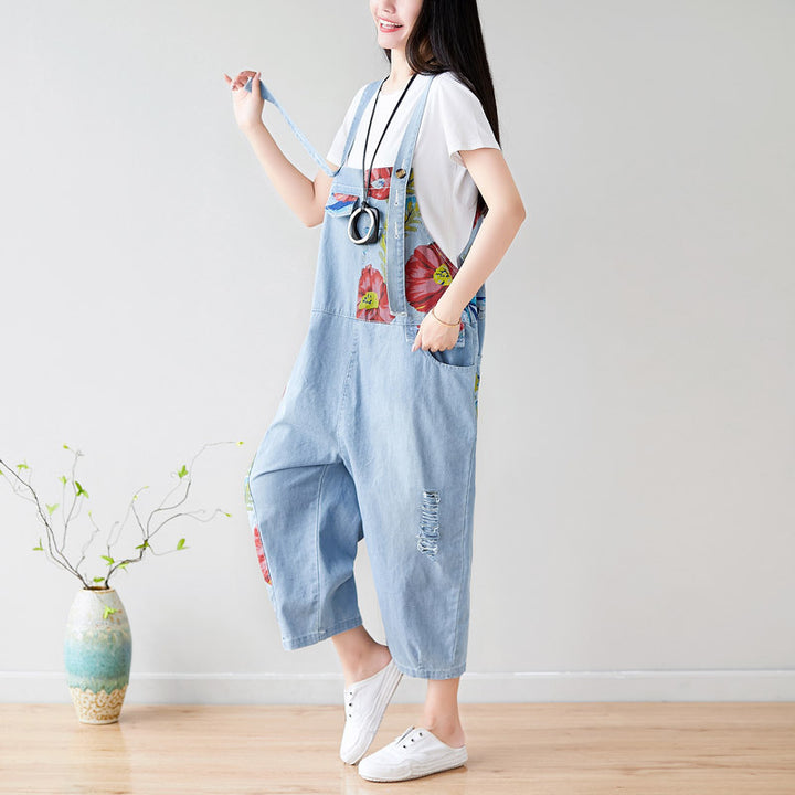 Summer Casual Blue Patchwork Overalls for Women