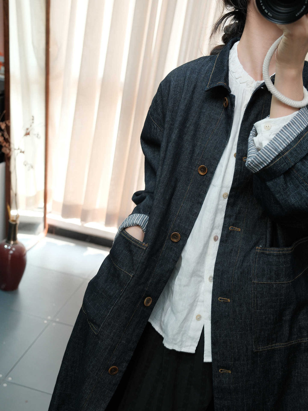Autumn Blue Denim Midi Trench Coat For Women Long Sleeve by Thebesttailor