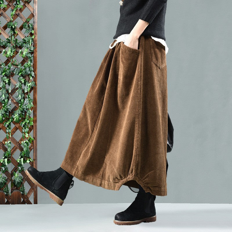 Skirt Midi Women Spring Corduroy Skirt with Pockets