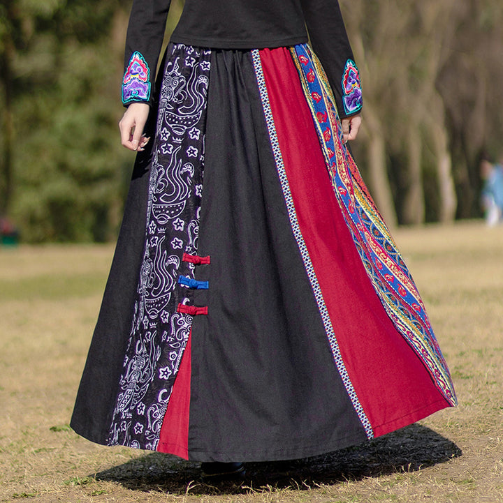 Cotton And Linen boho Elastic Waist Wide Sleeve Maxi Skirt