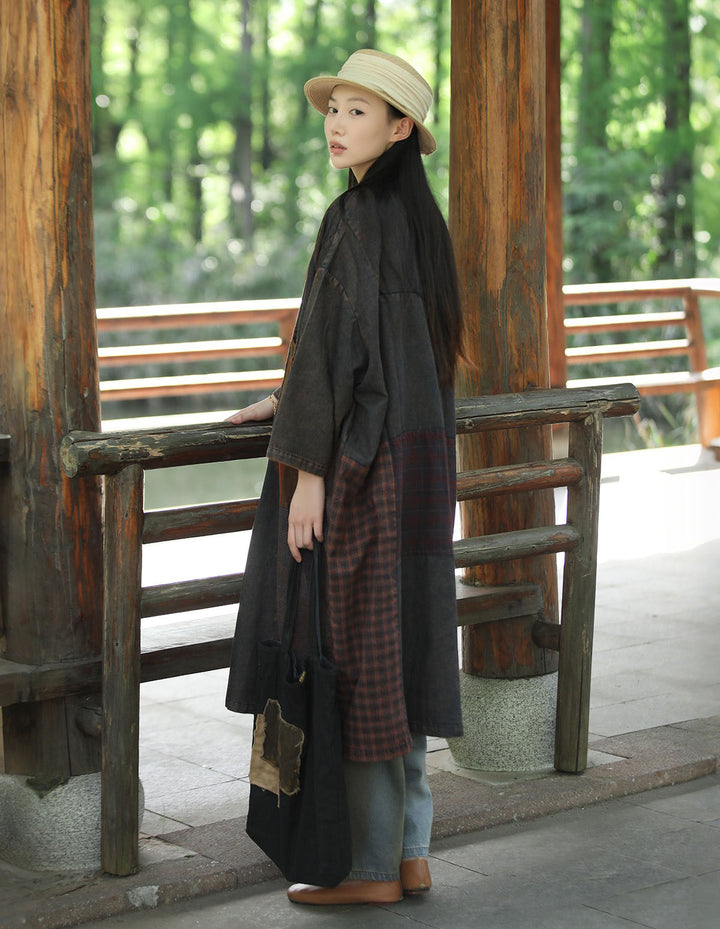 Autumn Cotton Patchwork Single-Breasted Trench Coat for Women